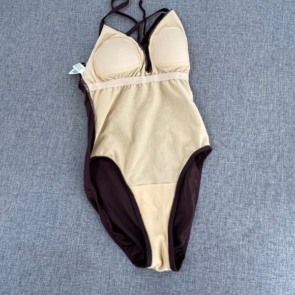 Newport News One Piece Swimsuit Chocolate Brown Lace V-Neckline Size 4 Nylon & L - Picture 10 of 12